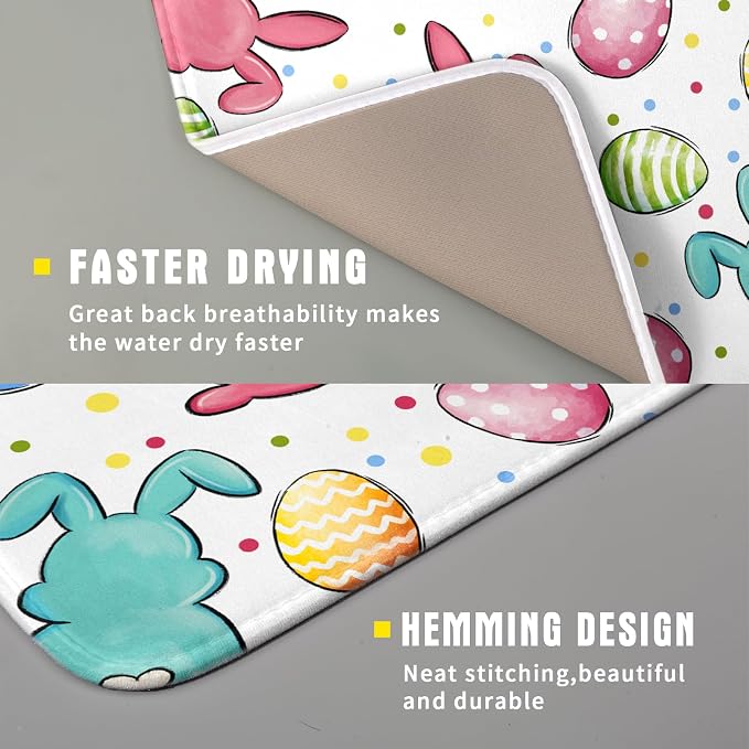 Easter Dish Drying Mat for Kitchen Counter Colorful Bunny Holiday Microfiber Absorbent Dish Draining Reusable Washable Foldable 16"x18"