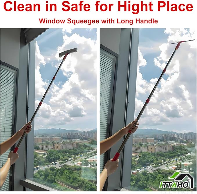 Squeegee for Window Cleaning, 12" Squeegee and 11" Microfiber Scrubber Combi with Stainless Steel Pole, Extendable Window Cleaner for Car, Sliding Door, Shower Glass Door-Swivel Style-2 Pads