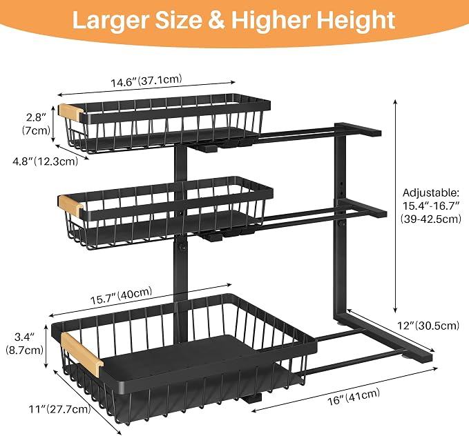 PXRACK Under Sink Organizer, 3-Tier 2-Pack Adjustable Height Pull Out Under Cabinet Organizer, Slide Out Thickened Metal Under Sink Storage for Kitchen Bathroom Laundry Pantry Organization, Black