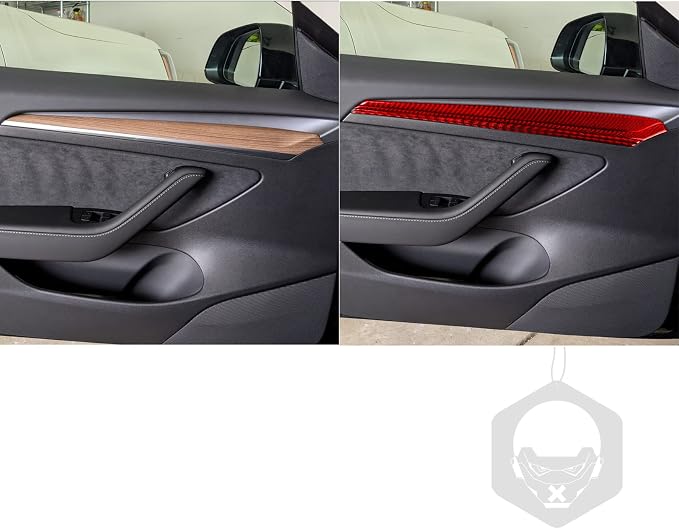 Red Real Carbon Fiber Trim for Tesla Accessories | for Model 3 2017-2022 / Model Y 2020-2024 Inner Door Side Panel Sticker Interior Thick Overlay Decal