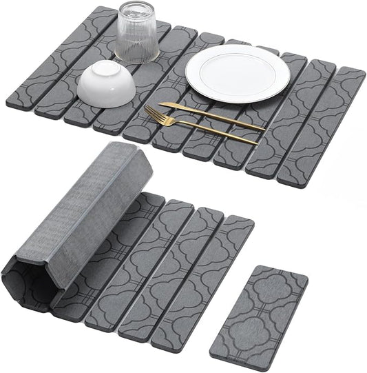 Large Stone Dish Drying Mat for Kitchen Counter, 2PCS Quick Dry Stone Dishes Mat, Foldable Water Absorbing Diatomaceous Drying Organizer Pad for Plates Rack Bottles Utensils(Clover, 24"×16" & 8"x4")