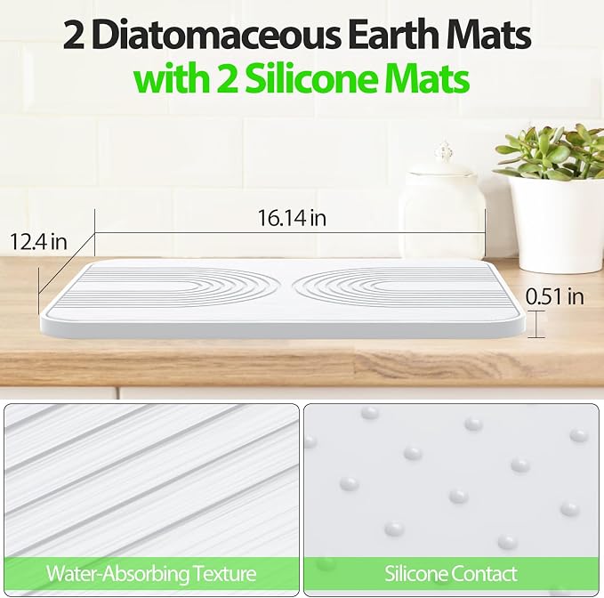 2 PCS Stone Dish Drying Mat ＆ Silicone Mat for Kitchen Counter – Diatomaceous Earth Bath Mat for Bathroom, 16.14"L×12.4"W×2 Quick Dry Mats for Dishes ,Bottles, Cups, Match Any Countertop(White)