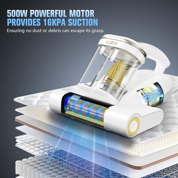 Mattress Vacuum with UV-C Light,16Kpa Bed Vacuum Cleaner for Sofa,Crib | 140°F High Heat, Ultrasonic, Double Dust Cup, Anti-Entanglement Roller, 5m Cord, 500W Motor, for Mattress, Couch, Pet Bed