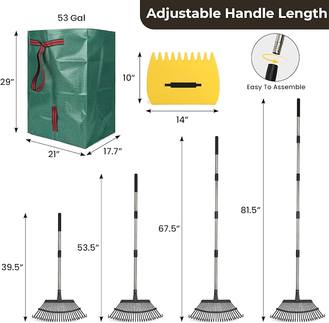Rake for Leaves - 25 Tines Heavy Duty Metal Rake Set with Leaf Scoops & 53 Gallon Bag, Adjustable 67.5" Garden Rake, 3-in-1 Tool for Yard Pine Needle Grass Cleanup