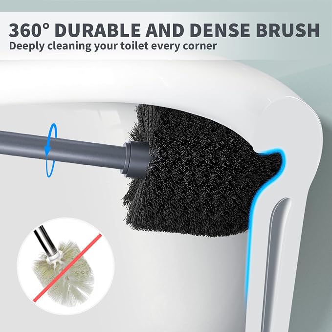 Toilet Brush, Toilet Bowl Brush with Extra Long Handle Durable Bristles Toilet Scrubber and Covered Holder for Toilet Brush Set for Bathroom Cleaning (Gray, 1 Set)