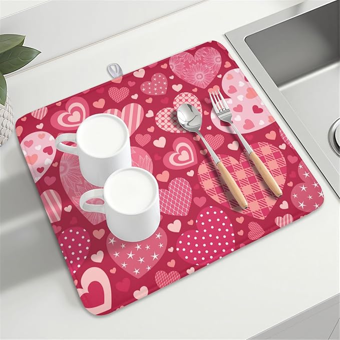 Valentine's Day Red Heart Dish Drying Mat 16x18 Inch | Polyester，Absorbent Microfiber，for Kitchen Coffee Dining Bar Decor