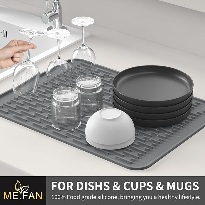ME.FAN Silicone Dish Drying Mat for Kitchen Counter, Dish Drying Pad for Sink, Refrigerator or Drawer, Countertop Protection Pad M - 16''×12'' - Grey