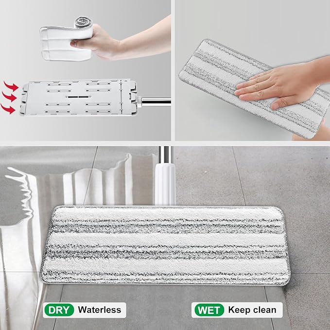 Flat Mop Pads, 5 Pack 13" X 4.9" Flat Mop Microfiber Mop Head/Refill/Pad, Washable Squeeze Cleaning Mop Pads Replacement Heads - White and Grey… | White and Grey Stripe Pads for Wet & Dry Cleaning, Compatible with Microfiber Flat Mop Heads, Machine Was...
