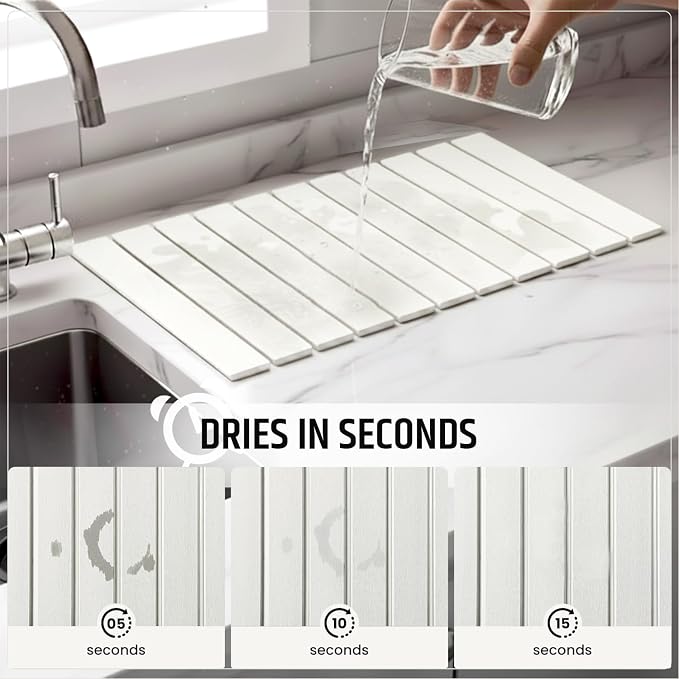 Stone Dish Drying Mat for Kitchen Counter - Fast-Absorbing Diatomite Drying Stone - Reusable Kitchen Drying Mat for Dishes, Cups & Utensils - Quick-Dry Stone Mat for Kitchen Sink and Countertop