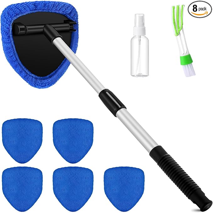 Potchen 8 Pcs Car Windshield Cleaner Tool Kit with Extendable Handle, Microfiber Towel Pads, Brush, Empty Spray Bottle for Auto Glass Wiper Suvs Rvs & Home Windows(Blue)