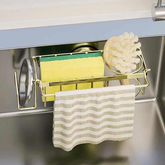 TAILI 4-in-1 Sponge Holder for Kitchen Sink with Strong Suction Cup Removable, Rustproof Stainless Steel Sink Caddy for Sponge, Brush, Scrubber, Scraper -Gold