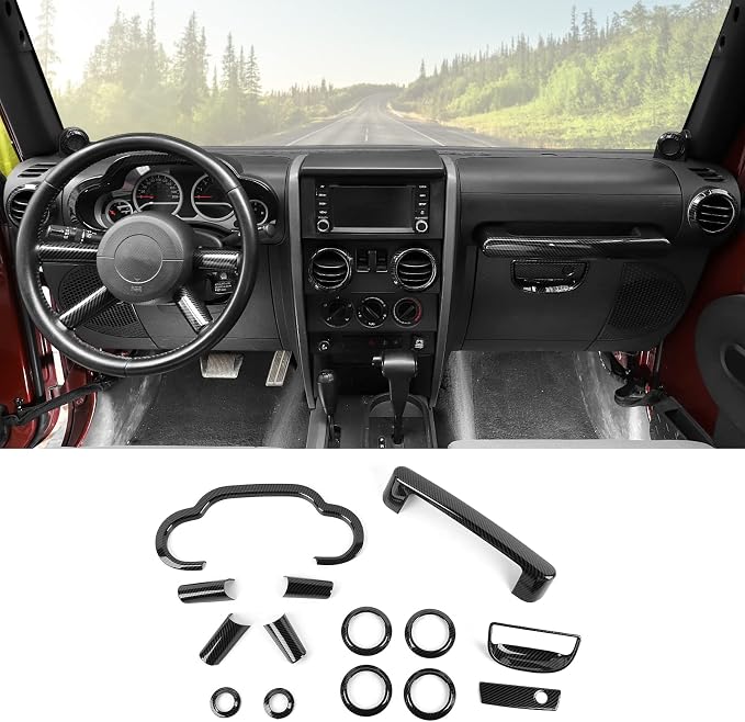 Carbon Fiber 14PCS Full Set Interior Trim Kit for 2007-2010 Jeep Wrangler JK JKU,Air Outlets A Pillar Speaker Glove Box Handle Dashboard Cover Trim