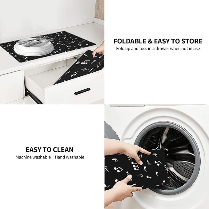 Musicial Kitchen Drying Mat Music Notes Microfiber Dish Drainer Mat for Kitchen Counter Absorbent Reusable Washable 18x24 Inch Black