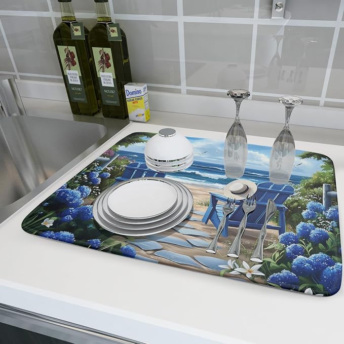 Summer Beach Chairs Dish Drying Mat Sea Wave Blue Floral Drying Mat fo Kitchen Counter 16”x18” Absorbent Reversible Kitchen Mat Non-Slip Ocean Themed Dish Drainer Rack Mat for Countertop Coffee Bar