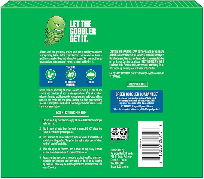 Green Gobbler Premium Washing Machine Cleaner & Deodorizer Tablets with Pipe, Drain & Hose Clean Technology | Front & Top Load Washers | 28 Count
