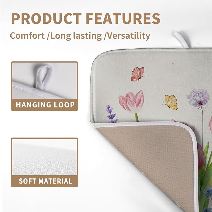 Spring Floral Dish Drying Mat Tulip Lavender Flower Dishes Pad Absorbent Microfiber Dish Draining Mat Washable Medium Dish Drainer Rack Mats for Kitchen Counter 16"x18"