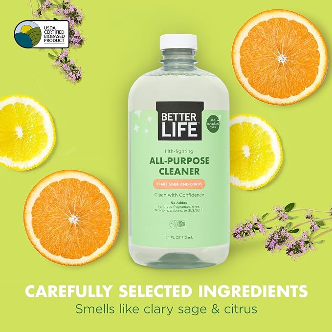Better Life All Purpose Cleaner - Multipurpose Home and Kitchen Cleaning Spray for Glass, Countertops, Appliances, Upholstery & More - Multi-surface Spray Cleaner - 24oz (Pack of 2) Clary Sage/Citrus