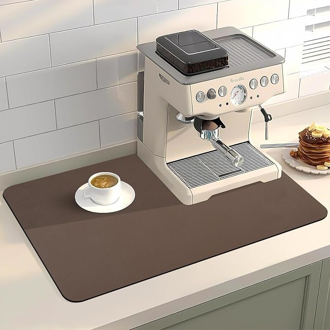 Dish Drying Mat, 16" x 24" Dish Drying Rack Pad with Rubber Backed, Absorbent Coffee Bar Mat for Kitchen Countertop, Easy to Clean Espresso Mats, Fit Under Coffee Machine, Brown