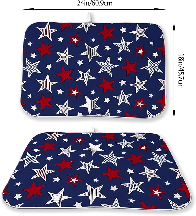 4th of July Dish Drying Mat 18x24 Inch Navy Blue Red Stars Patriotic Decor Drying Mat Independence Day Memorial Day Absorbent Dish Drying Pad Dish Rack Drainer Mats for Kitchen Dining Counter