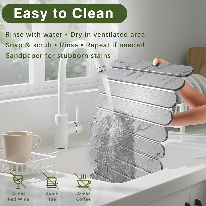 Stone Drying Mat for Kitchen Counter, 24"x16" Quick Dry Stone Dish Drying Mat, Foldable Absorbent Diatomaceous Earth Pad for Plates Cups Utensils (Gray)