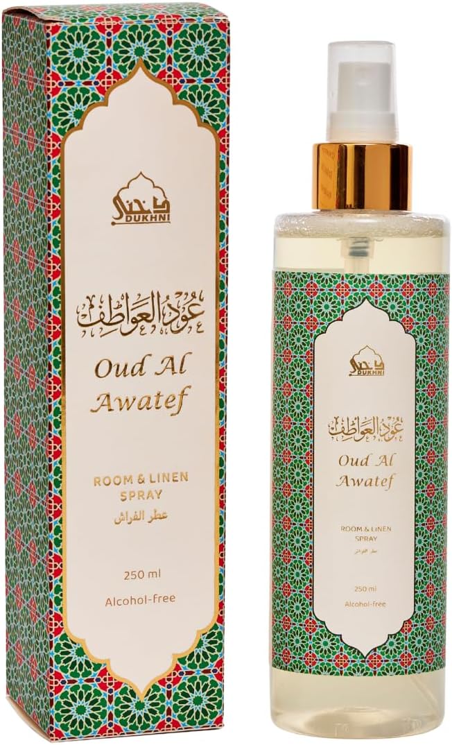 Oud Al Awatef Lemongrass Spray by Dukhni | 250ml Arabic Air Freshener | Lemongrass Oud Fabric Spray for Home, Prayer Mats, Bed, Linen, Sofa, Curtain, Car | Room Air Freshener, Odour Eliminator