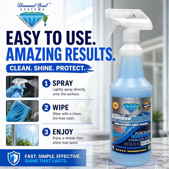 Made in the USA. Diamond Blue Repellent Wash Multi Surface. Cleans,Shine Best Cleaner for Glass, Granite, Countertops Wood & Stainless Steel. Direct from the Manufacturer 32oz Easy to use spray bottle