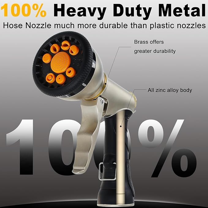 Garden Hose Nozzles,9 Spray Patterns Heavy Duty Metal Hose Sprayer Nozzle | Hose Nozzle Spray High Pressure Slip Resistant Water Sprayer for Plants & Lawns Watering,Car Washing and Pet Showering Gray