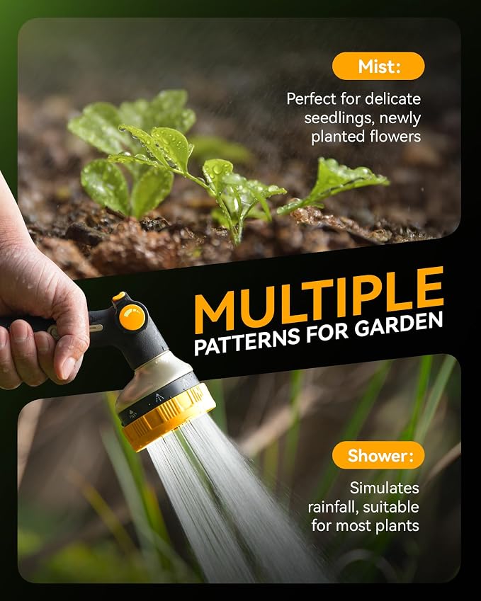 RAINPOINT Hose Sprayer Nozzle Heavy Duty - 2 Pack 8 Spray Patterns Garden Hose Nozzle with Adjustable Flow Control for Watering Plants, Washing Cars,Washing Pets, Thumb Control (2 Packs, Yellow)