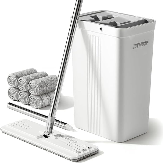 JOYMOOP Mop and Bucket Set, Commercial & Household Use, Flat Mops for Floor Cleaning, Wall Mop Cleaner with Long Handle, Hardwood Floor Mop with 6 Microfiber Pads