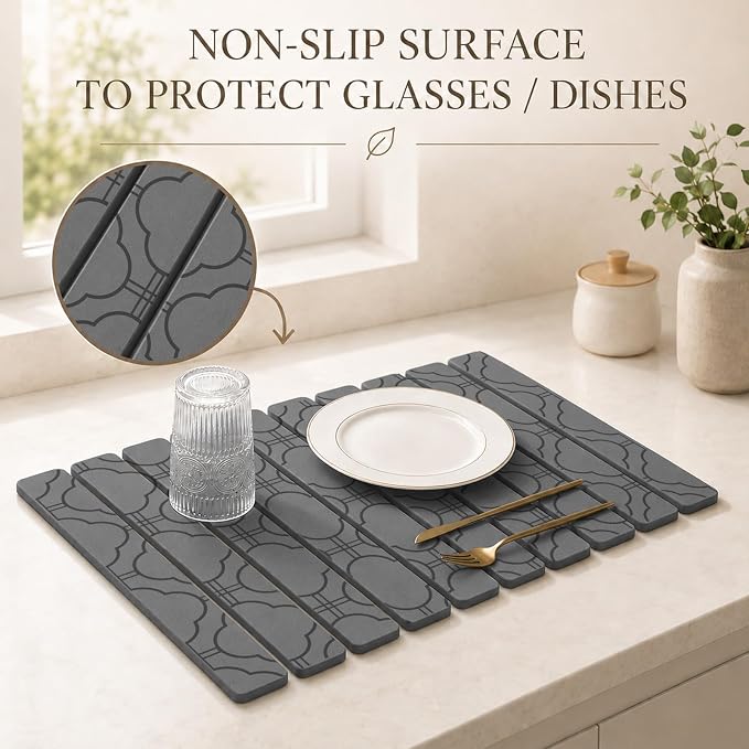 Large Stone Dish Drying Mat for Kitchen Counter, 2PCS Quick Dry Stone Dishes Mat, Foldable Water Absorbing Diatomaceous Drying Organizer Pad for Plates Rack Bottles Utensils(Clover, 24"×16" & 8"x4")