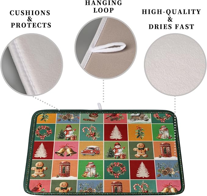 Christmas Dish Drying Mats for Kitchen Counter Cute Xmas Holiday Dish Drainer Pad Microfiber Absorbent Winter Dish Draining Mat Washable Dish Drainer Rack Mat Medium 16x18 Inch