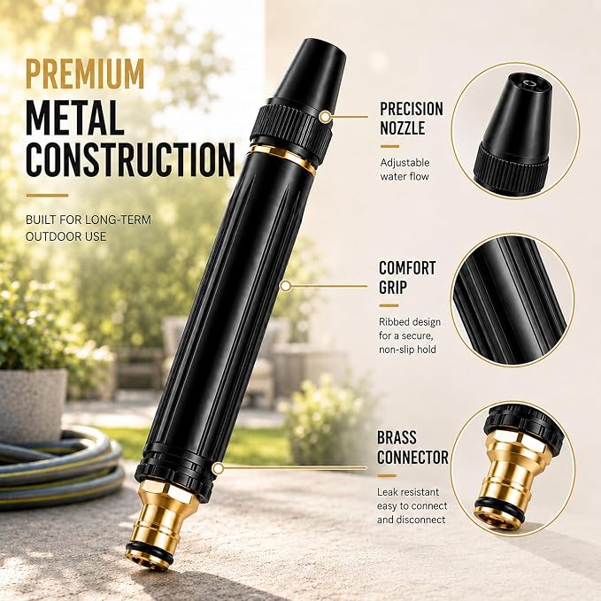 High Pressure Hose Nozzle, Full Metal Hose Sprayer with Adjustable Spray | Heavy duty construction with powerful water flow for car washing, garden watering, patio cleaning and outdoor tasks.