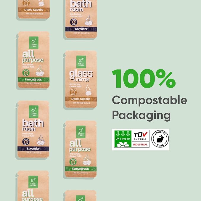 Green Llama Bathroom Refill 3-Pack - Certified Compostable Packaging, Natural Cleaning Solution for Bathrooms - Eco-Friendly and Sustainable