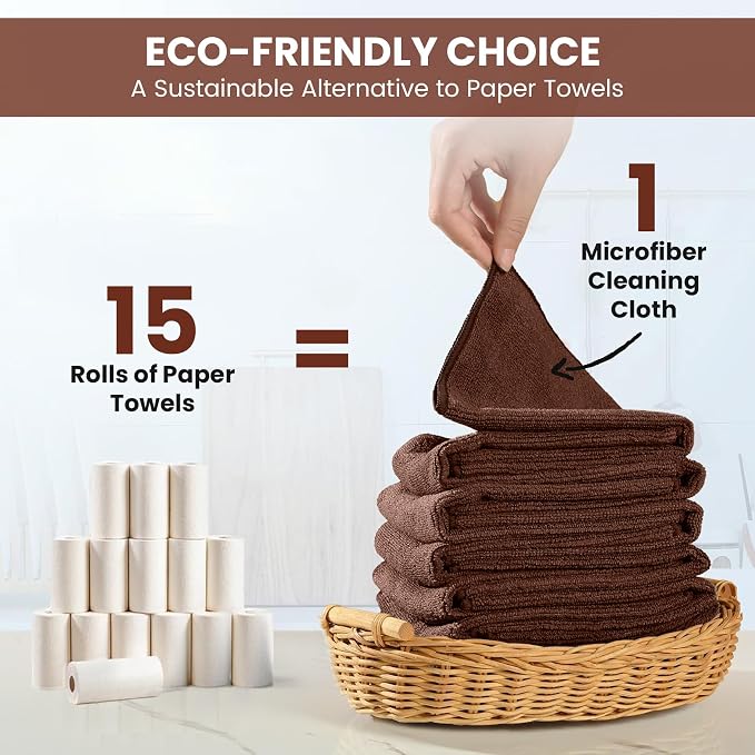 SIFANGKE Microfiber Cleaning Cloth, 12 Pack Brown Cleaning Rags for Housekeeping, Reusable Microfiber Towels for Car, Kitchen, Bathroom and Household Cleaning Supplies, 11.8"X11.8"