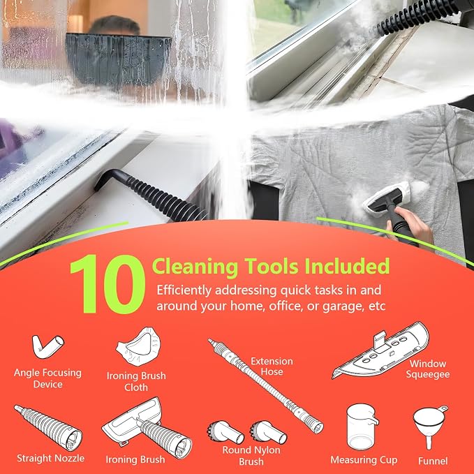 Handheld Steam Cleaner, Chemical-Free Pressurized Steamer for Home Cleaning with 10 Accessories, High Temp Steam Cleaner, 380ML Tank, 9.8FT Cord for Bathroom, Kitchen, Grout, Tile, Window&Car