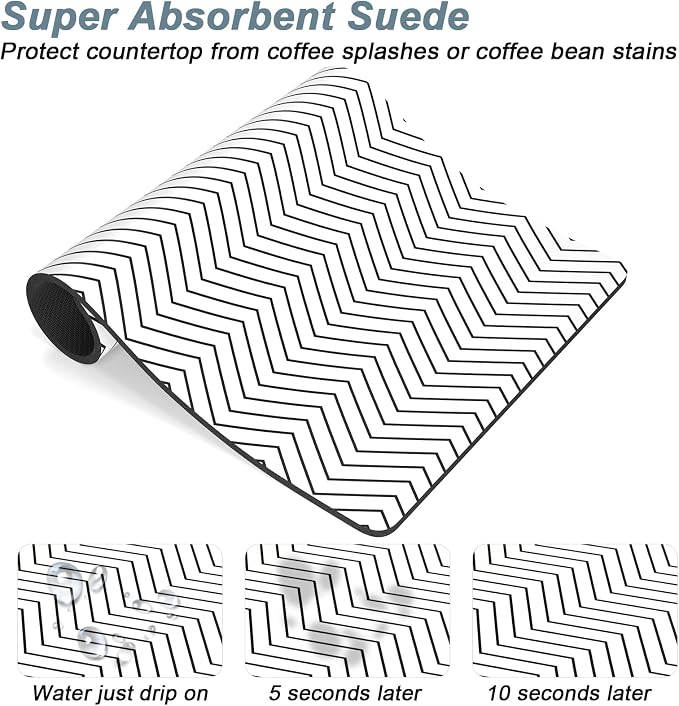 Rnivvi Coffee Mat, 12" x 19" Cute Coffee Bar Mats for Espresso Machine Station Accessories and Organizer, Hide Stain Rubber Backed Absorbent Dish Drying Pad for Kitchen Counter, White Strip