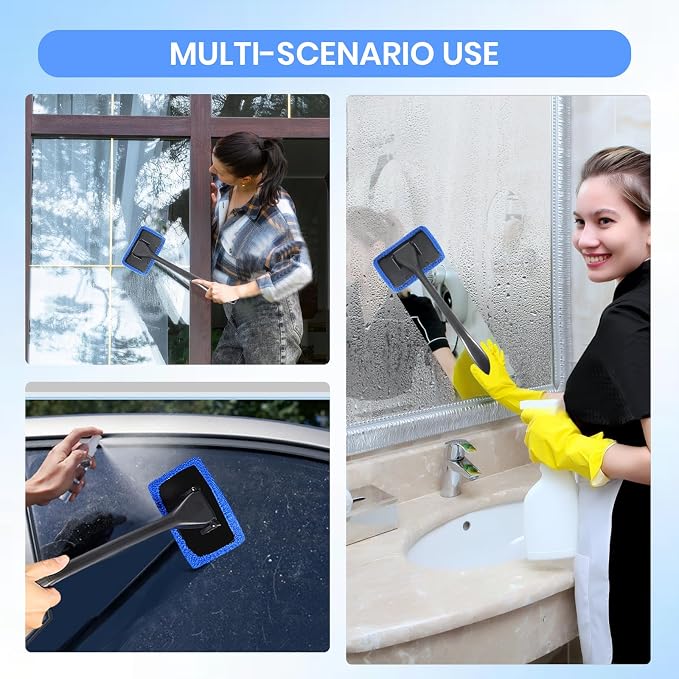 6PCS Windshield Cleaning Tool Car Window Cleaner with 5 Reusable and Washable Microfiber Pads and Extendable Handle Auto Inside Glass Wiper Kit Green (Blue)