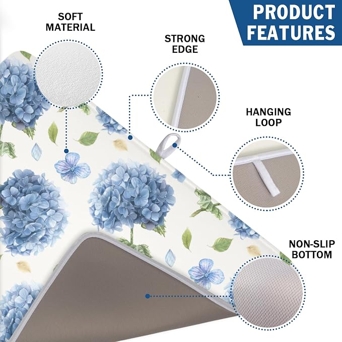 Spring Summer Blue Floral Dish Drying Mat 18x24 Inch | Hydrangea ，Polyester，Absorbent Microfiber，for Kitchen Coffee Dining Bar Decor