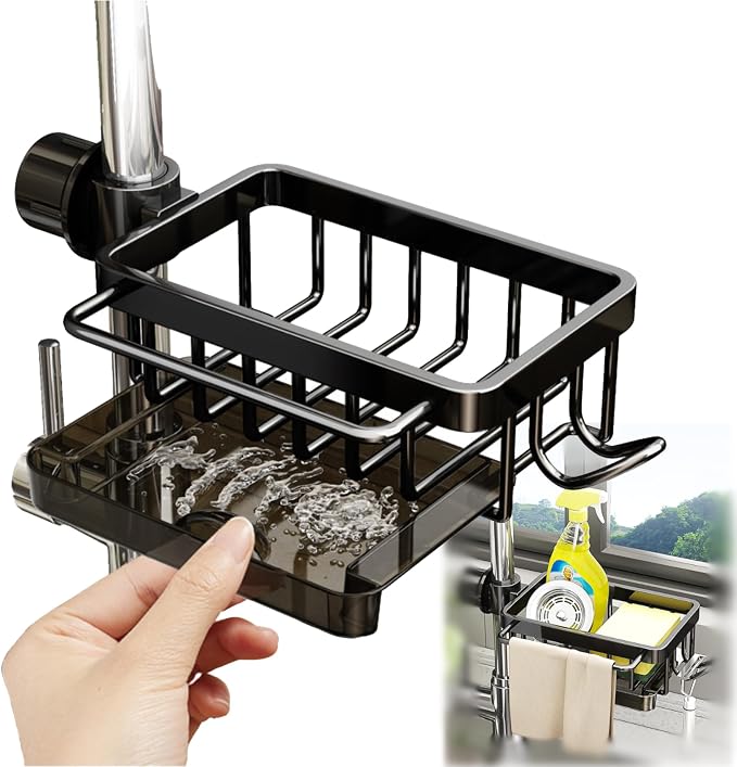 Sink Organizer Rack for Kitchen and Bathroom, 2025 New Stainless Steel Detachable Hanging Faucet Drain Rack with Drip Tray Faucet Sponge Holder for Bathroom (Black, Right)