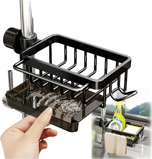 Sink Organizer Rack for Kitchen and Bathroom, 2025 New Stainless Steel Detachable Hanging Faucet Drain Rack with Drip Tray Faucet Sponge Holder for Bathroom (Black, Right)