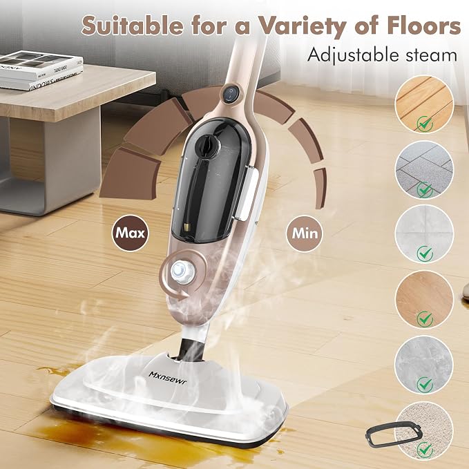 Steam Mop - All-in-one Powerful Handheld Steam Cleaner Detachable Floor Steamer with 11 Accessories, MultiPurpose Steamer for Hardwood Floors, Clothes,Windows,Tiles,Carpet, Whole Home Use(Rose Gold)