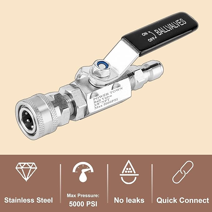 POWER TOWN Ball Valve Pressure Washer, 3/8 Inch Quick Connect 5000 PSI | Shut Off Valve for High Pressure Washer Hose, Stainless Steel
