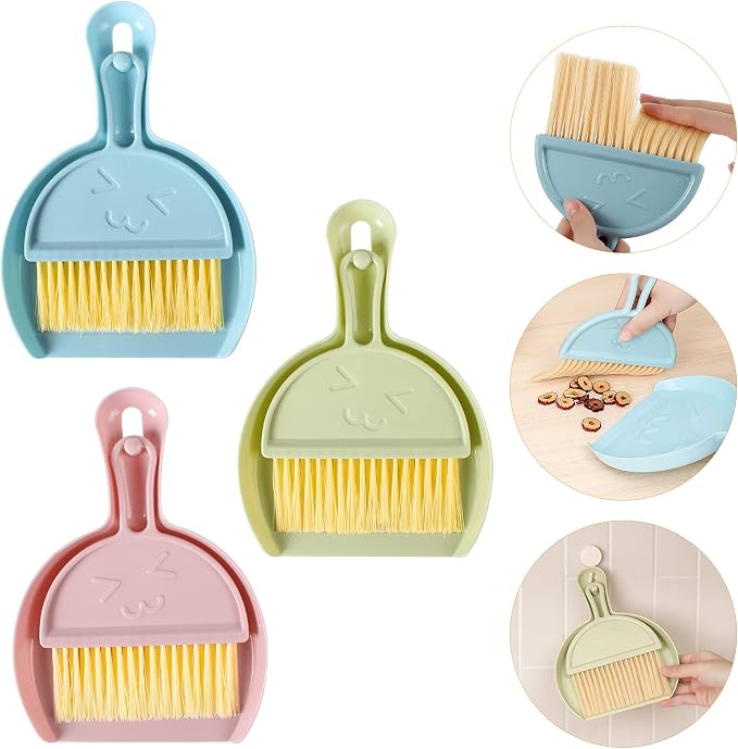 3PCS Mini Broom and Dustpan Set for Home, Car, Kitchen, Table, Kids - Durable Plastic Bristles, Handheld, Hangable, 3 Colors | Durable Plastic Bristles, Handheld, Hangable, 3 Colors