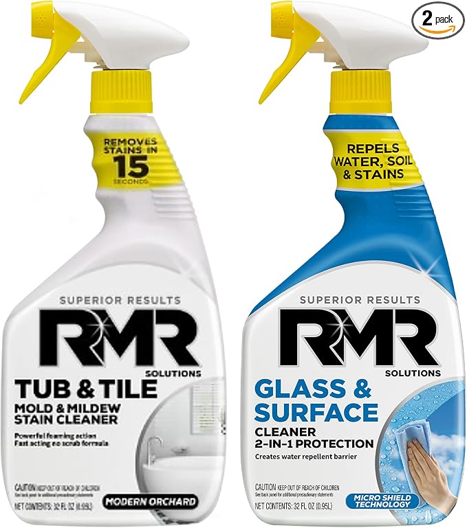 RMR Flawless Finish Bathroom Bundle – Tub & Tile Cleaner + Glass & Surface Cleaner Plus Repellent, 2-Step System for Shower, Tub, Tile, Grout, Glass Doors, & Mirrors, 2–32 Oz Bottles