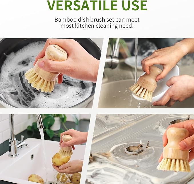 4 Pack Bamboo Dish Brush, Dish Scrubber Brush with Sisal Bristle, Natural Scrub Brush for Kitchen Cleaning Dishes, Pots, Pans, Bottles, Vegetables