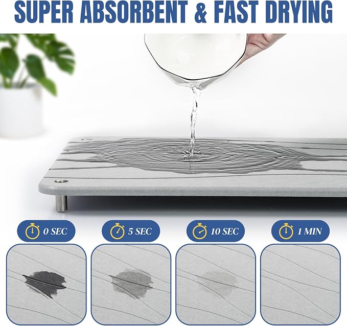 Stone Drying Mat for Kitchen Counter, Diatomaceous Dish Drying Mats Superb Absorbent with Non-Slip Stainless Steel Feet for Dishes, Bottles and more, 15.7"(L)×11.8"(W), Light Grey Wave