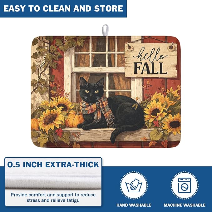 Fall Dish Drying Mat for Kitchen Counter Vintage Autumn Cat Sunflower Pumpkin Microfiber Dish Drainer Mat Rustic Farmhouse Absorbent Washable Drying Pad Extra Large 18"x24"