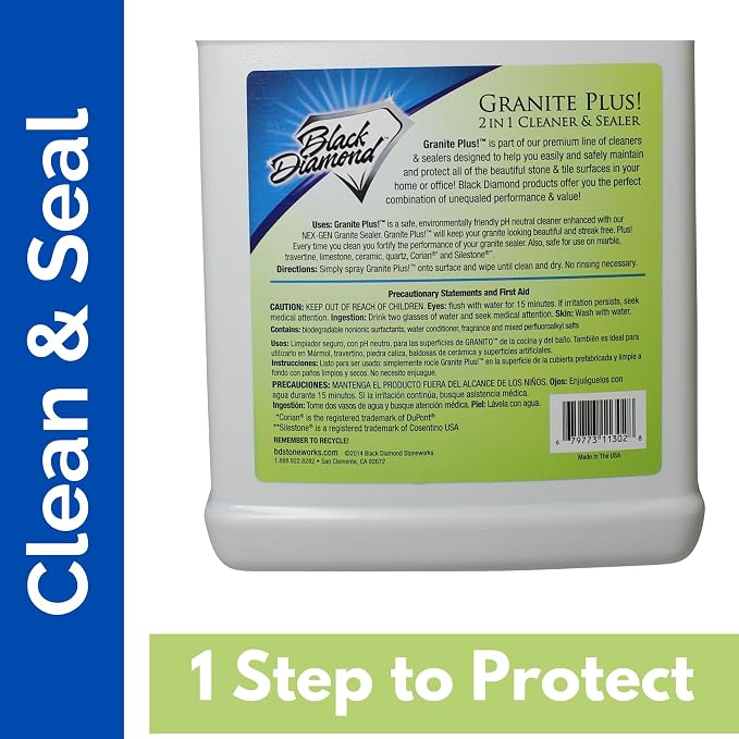 Black Diamond Stoneworks Granite Plus 2-in-1 Cleaner & Sealer, pH Neutral, Streak-Free Stone Cleaner for Granite, Marble, Quartz, Travertine & Limestone Countertops, Ready to Use (1-Quart/1-Gallon)
