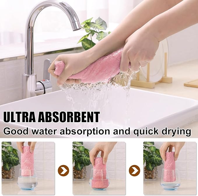 Homaxy 12 Pack Kitchen Dish Cloths (10 x 10 Inches, Pink), Super Soft and Absorbent Coral Velvet Dish Towels, Nonstick Oil Fast Drying Microfiber Cleaning Cloth, No Lint Household Dishcloths