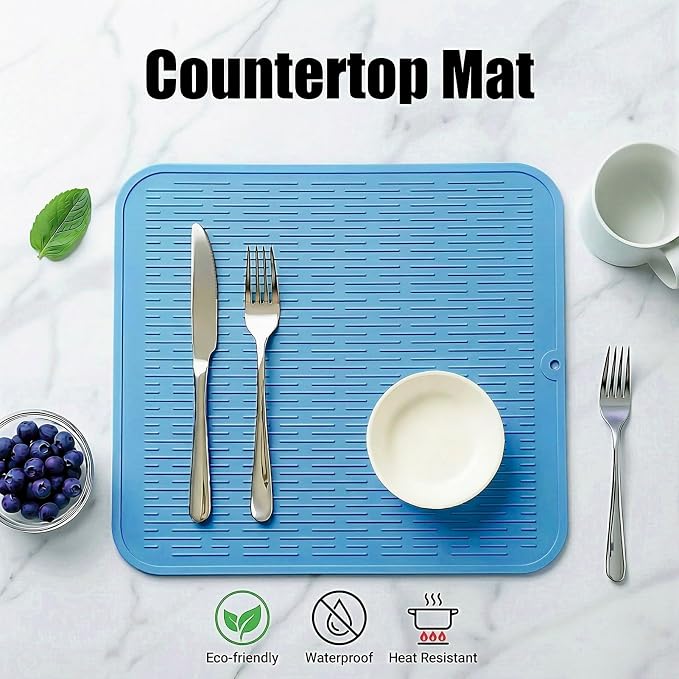 MicoYang Silicone Dish Drying Mat for Multiple Usage,Easy clean,Eco-friendly,Heat-resistant Silicone Mat for Kitchen Counter or Sink,Refrigerator or Drawer Liner Light Blue XL 18 inches x 16 inches